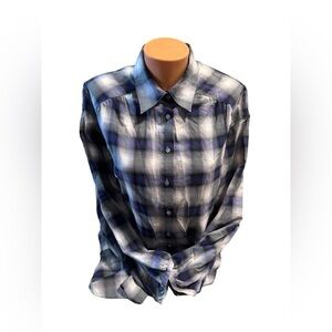 Vince Women’s Purple Pink Plaid Button Front Roll Tab Blouse Size Small Bohochic